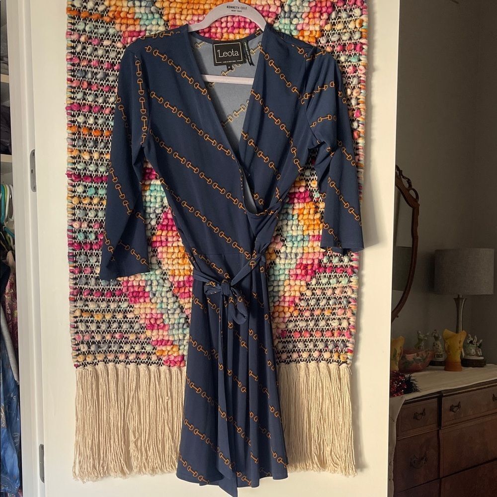Leota Navy and Gold Chain Print Long Sleeve Dress